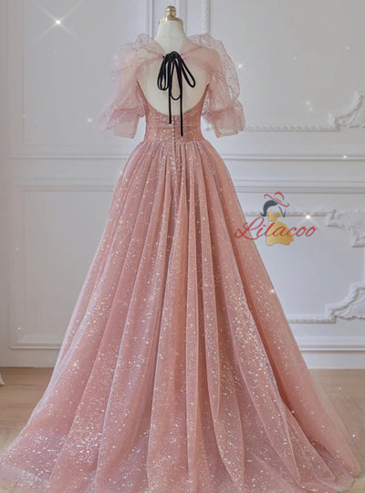 Pink Tulle Sequins Puff Sleeve Backless Prom Dress