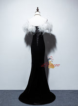 Black Mermaid Velvet Feather Prom Dress