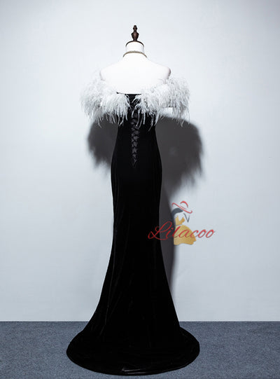 Black Mermaid Velvet Feather Prom Dress