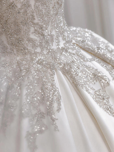 White Satin Strapless Sequins Wedding Dress