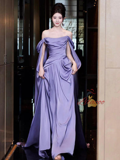 A-Line Purple Off the Shoulder Pleats Prom Dress