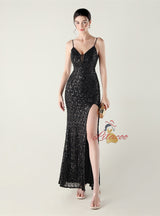 Spaghetti Straps Sequins Split Prom Dress