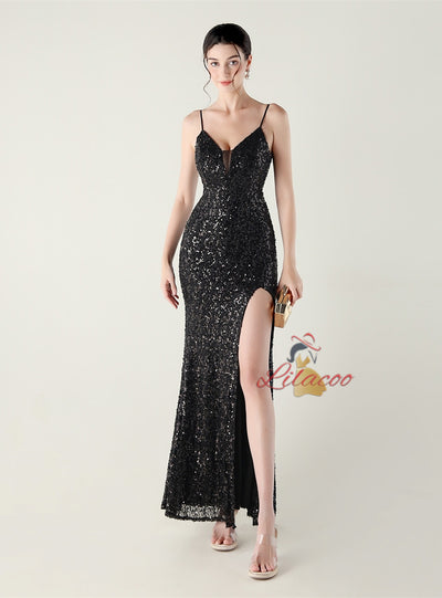 Spaghetti Straps Sequins Split Prom Dress