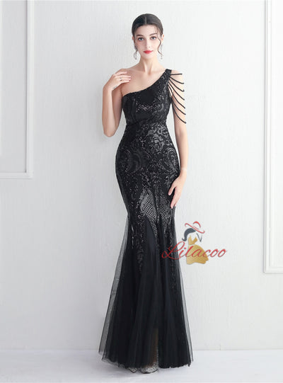 Sequins One Shoulder Beading Prom Dress