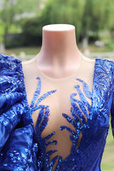 Royal Blue Mermaid Sequins Long Sleeve Prom Dress
