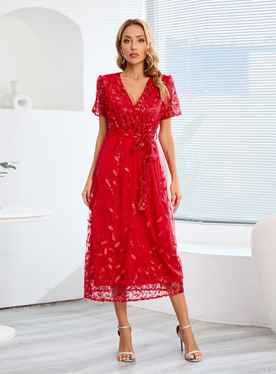 Mesh Sequins Slim V-neck Long Dress