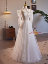 White Lace Tulle Long Sleeve High Neck Wedding Dress