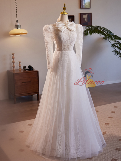 White Lace Tulle Long Sleeve High Neck Wedding Dress