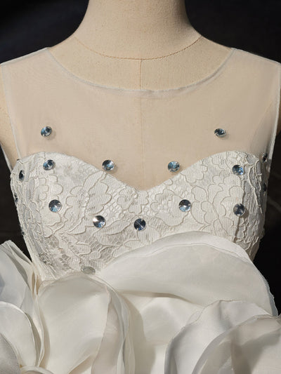 White Tulle Lace 3D Flower Wedding Dress
