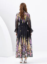 V-neck Wood Ear Ribbon Pleated Printed Dress