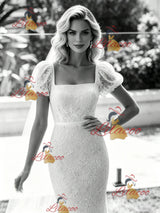 White Mermaid Lace Puff Sleeve Wedding Dress