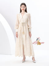 V-neck Lace Single-breasted Long Dress