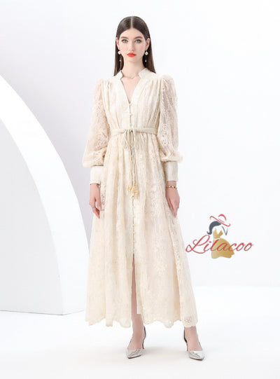 V-neck Lace Single-breasted Long Dress