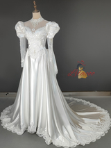 White Satin Appliques Beading High Neck Wedding Dress
