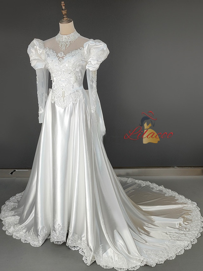 White Satin Appliques Beading High Neck Wedding Dress
