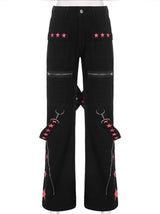 Contrasting Color Ribbon Metal Decorative Splicing Pants