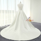 White Satin V-neck Backless Pleats Wedding Dress