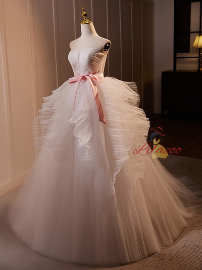 White Tulle Strapless Pleats Wedding Dress