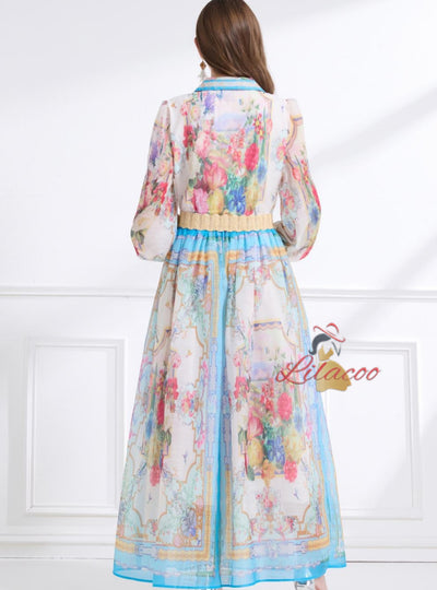 Holiday Lapel Printed Long-sleeved Dress