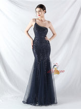 Mermaid Sequins One Shoulder Beading Prom Dress