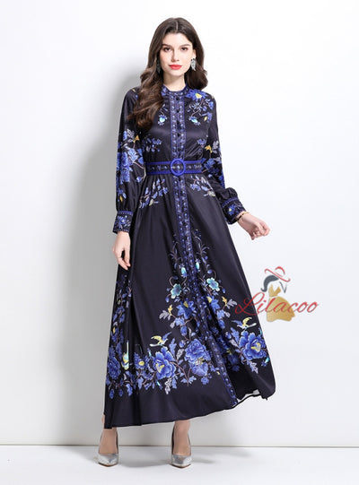 Palace Style Retro Breasted Printed Dress