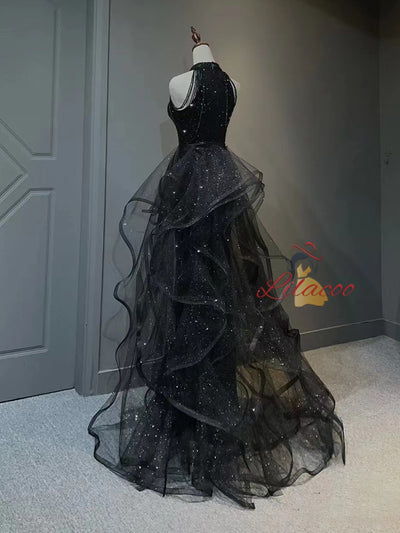 Black Sequins Halter Beading Prom Dress