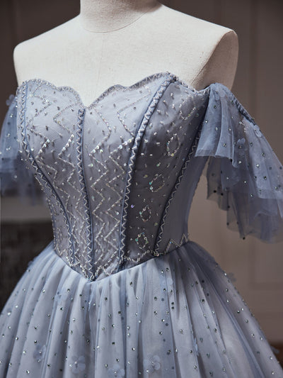 A-line Blue Gray Tulle Beading Homecoming Dress
