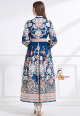 Long Sleeve Retro Print Long Dress