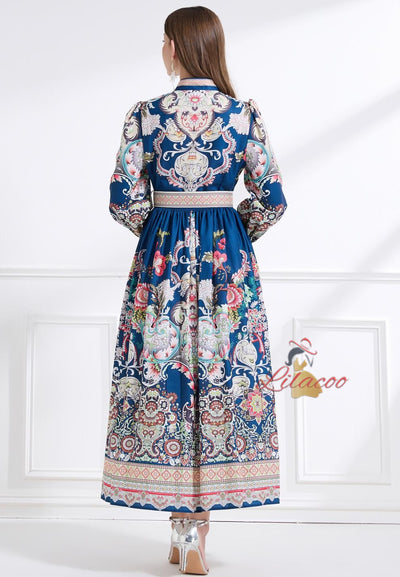 Long Sleeve Retro Print Long Dress