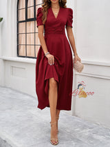 V-neck Solid Color Short Sleeve Dress