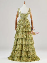 Simple Green Straps Print Tiers Prom Dress