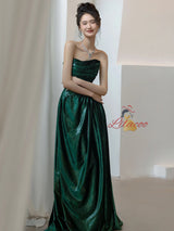 Simple Green Strapless Pleats Prom Dress