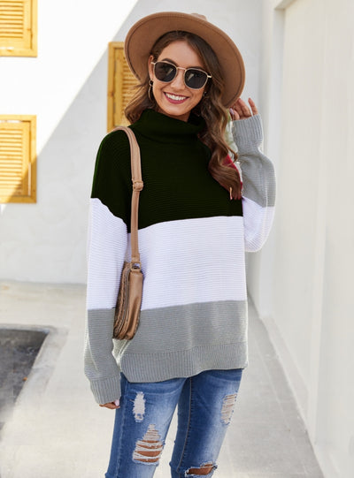 Spliced Color Turtleneck Long Sleeve Pullover Sweater