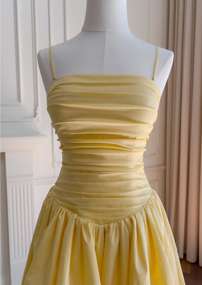 Yellow Straps Pleats Prom Dress