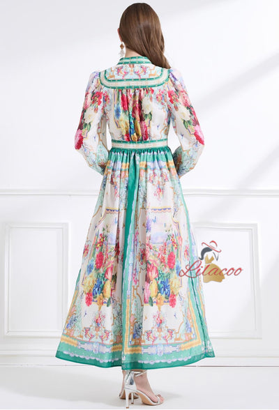 Retro Printed Deep V-neck Breasted Slim Dress