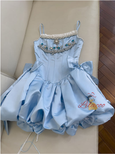 Blue Satin Straps Crystal Short Prom Dress