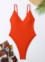V-neck Backless Solid Color One-piece Swimsuit