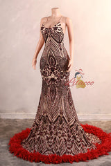 Burgundy Mermaid Sequins Feather Prom Dress
