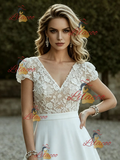 White Satin Cap Sleeve V-neck Wedding Dress
