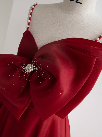 Burgundy Spaghetti Straps Bow Pearls Prom Dress