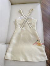 Yellow Satin Bow Beading Prom Dress