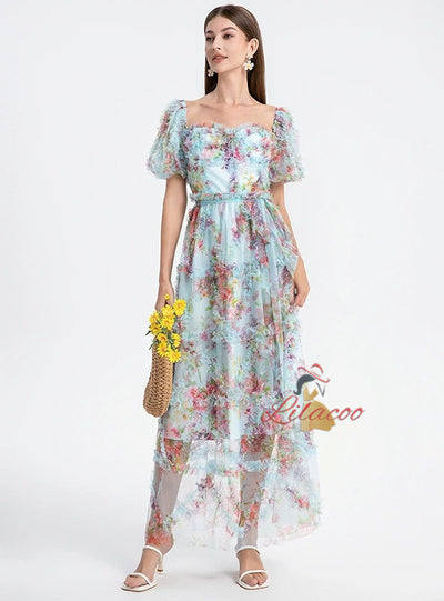Heavy-duty Gauze Printed Spliced Ruffled Dress