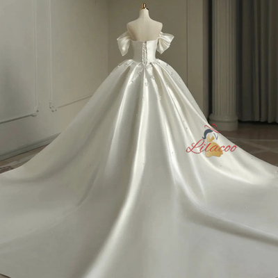 White Satin Off the Shoulder Pleats Crystal Wedding Dress