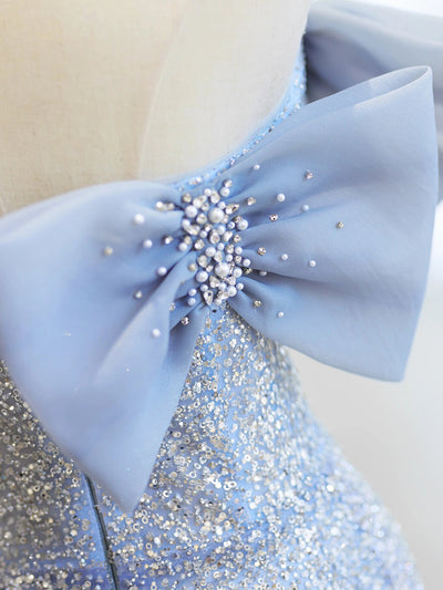 Blue Sequins Strapless Bow Pearls Prom Dress
