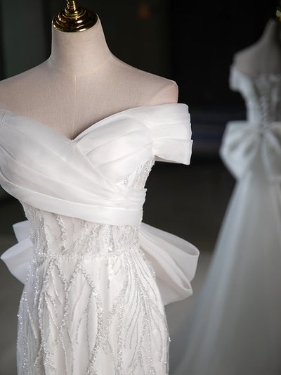 White Mermaid Sequins Appliques Bow Wedding Dress