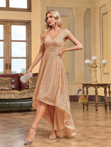 Gold V-neck Sequins Cap Sleeve Prom Dress