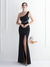 One Shoulder Beading Split Prom Dress
