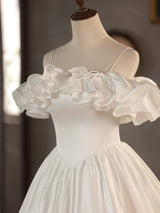 White Satin Spaghetti Straps Wedding Dress