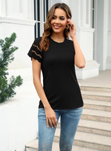 Spliced Lace Round Neck T-shirt