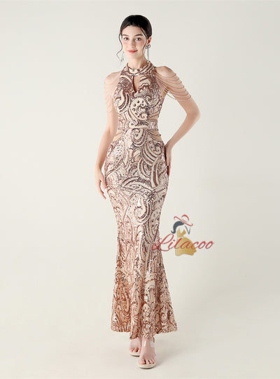 Mermaid Sequins Halter Beading Prom Dress